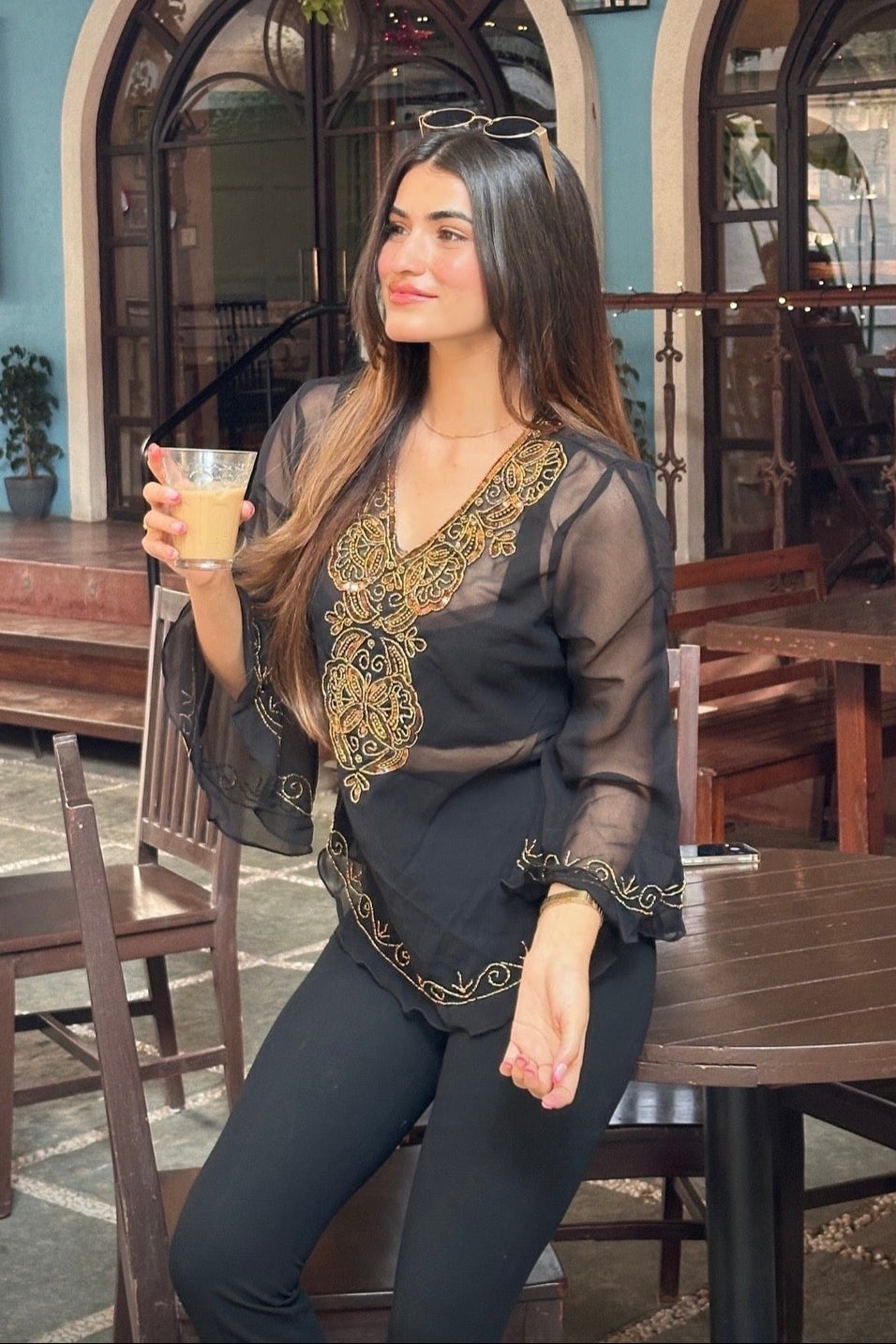 Zeenat Aman Black Embroidered Top
