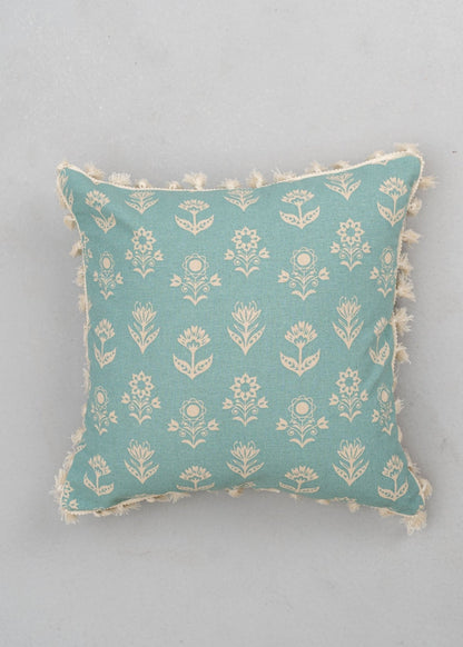 Dahlia Printed 100% Cotton Floral Cushion Cover For Sofa With Tassels - Nile Blue