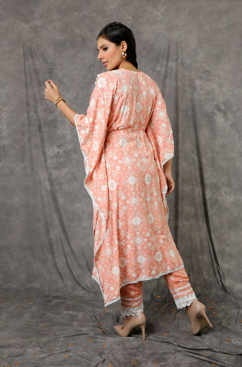 Yellow/Peach Long Kaftan Set with Embroidered Pants