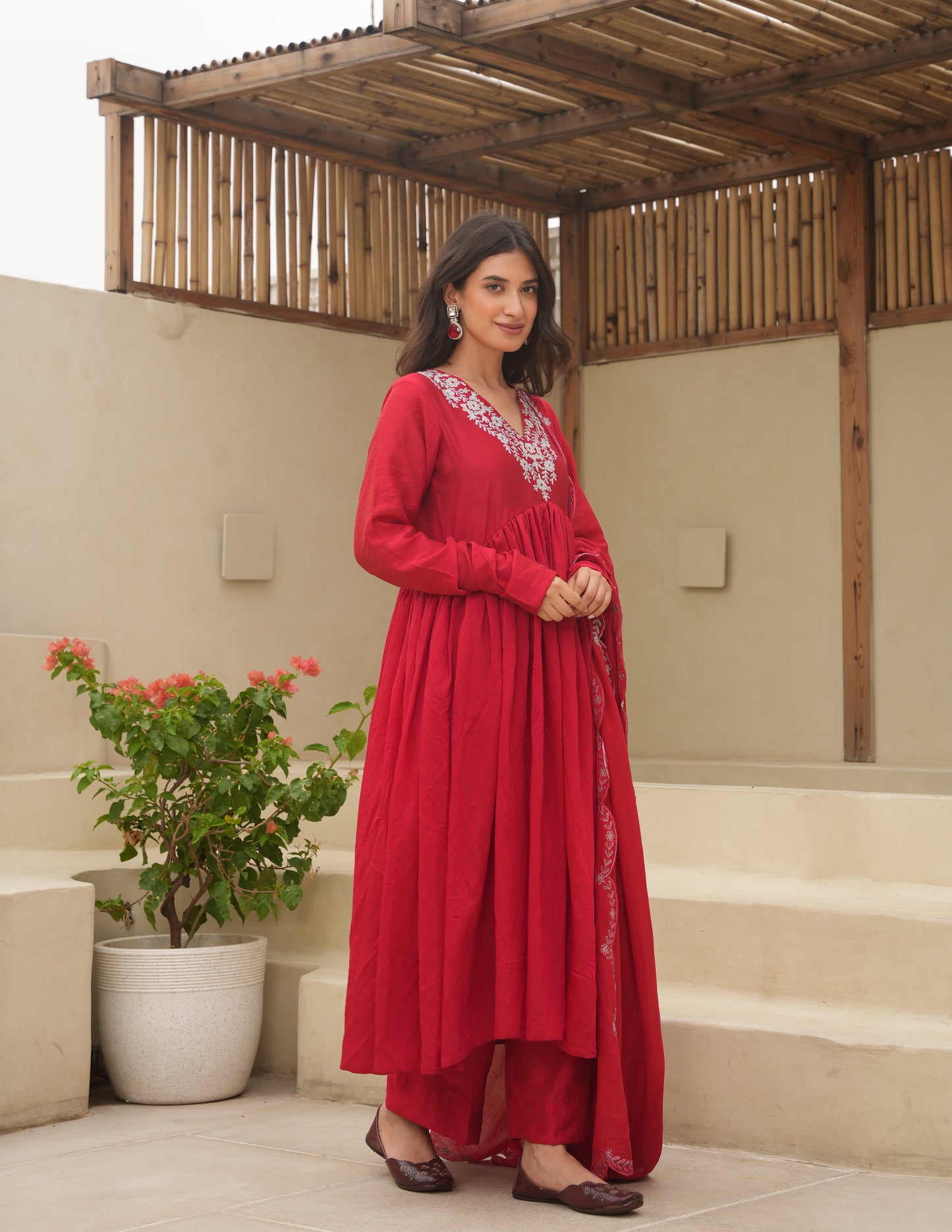 Hand Dyed Red Chanderi Aari Embroidered Anarkali Set