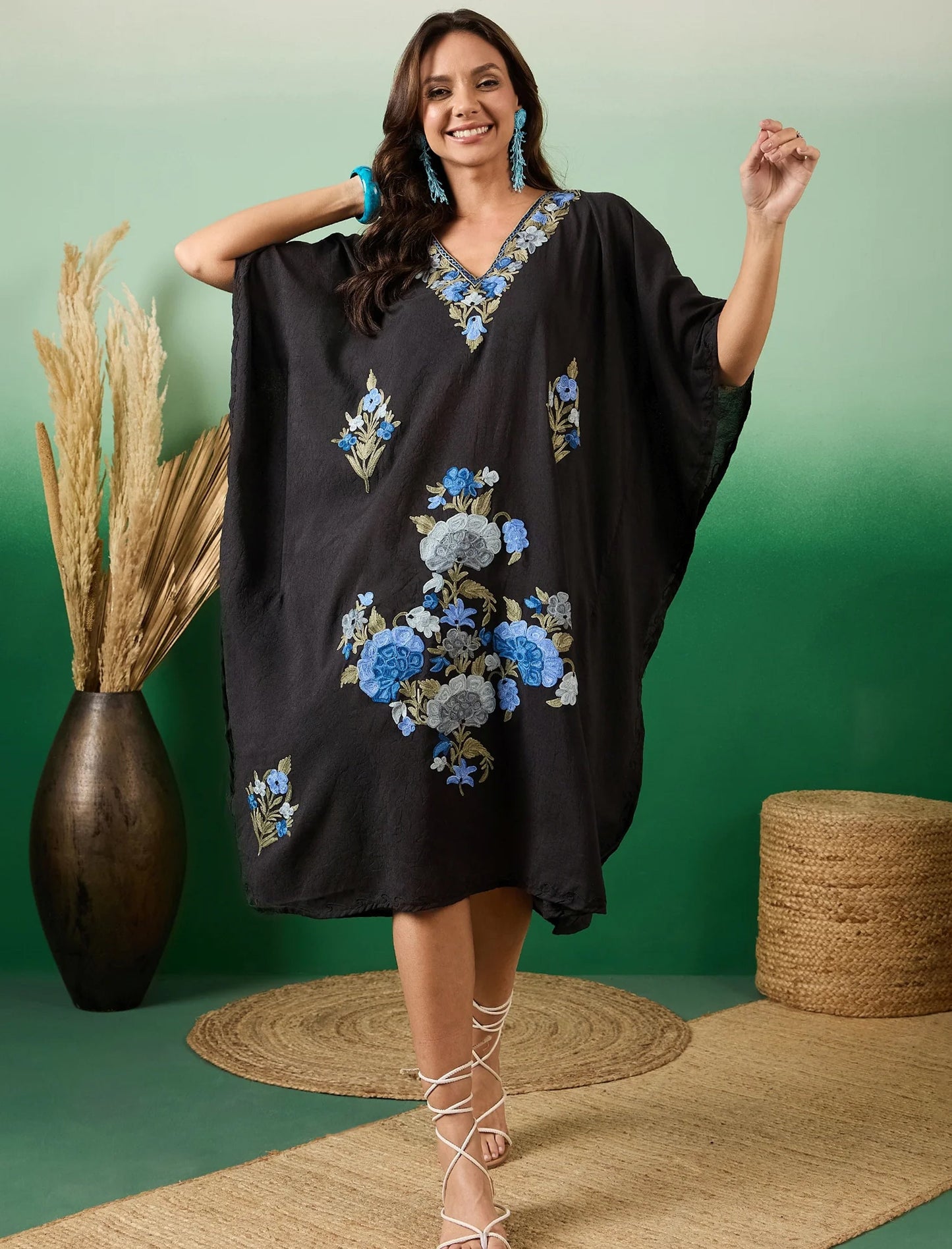 Charcoal Black Kashmiri Summer Short Kaftan