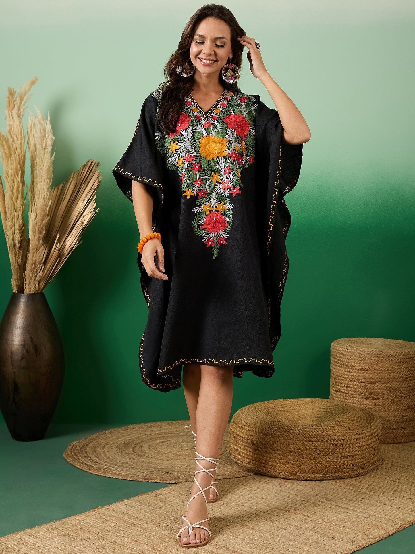 Jade Black Kashmiri Embroidered Summer Kaftan - Short