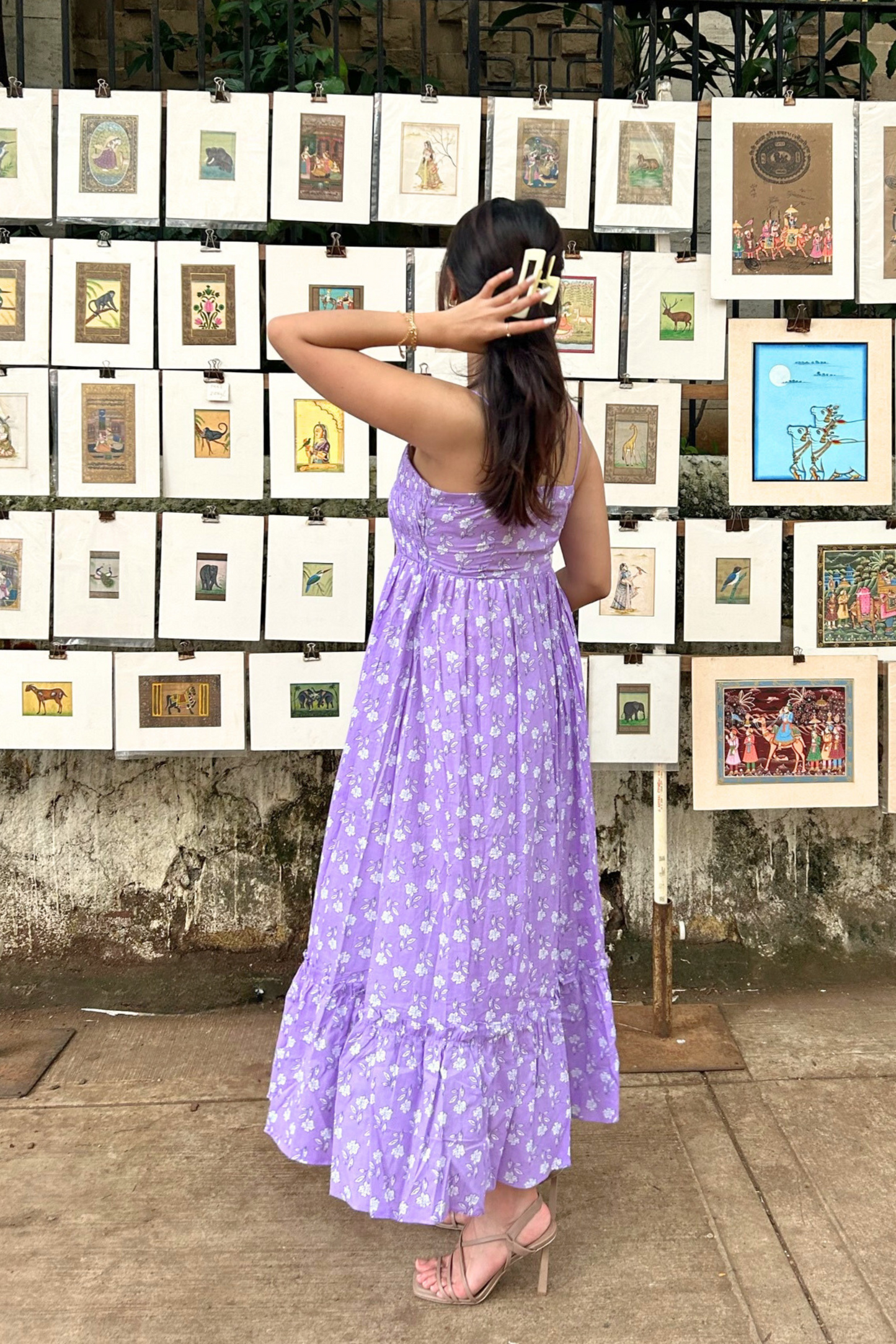 Lilac Pure Cotton Hand-Printed Long Flower Dress with Pocket