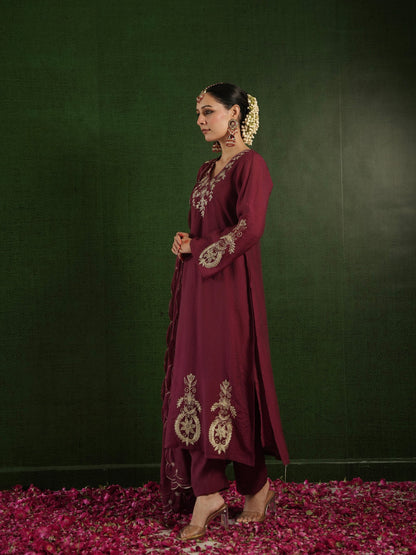 Chaand Rosewood Chanderi Heavy Embroidered Suit Set