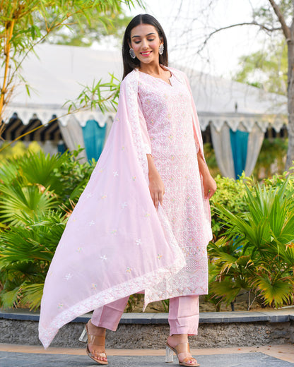 Pink Georgette Suit Set With Embroidery