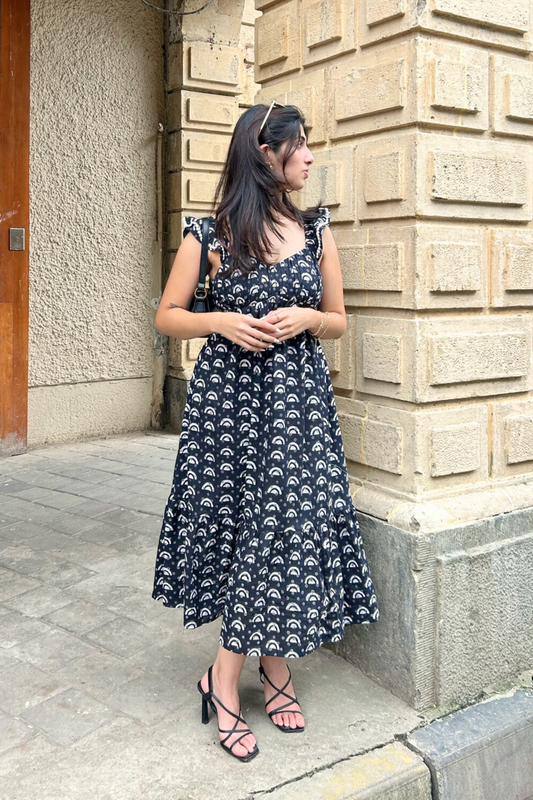 Geometric Hand-Block Printed Cotton Maxi Dress with Pocket