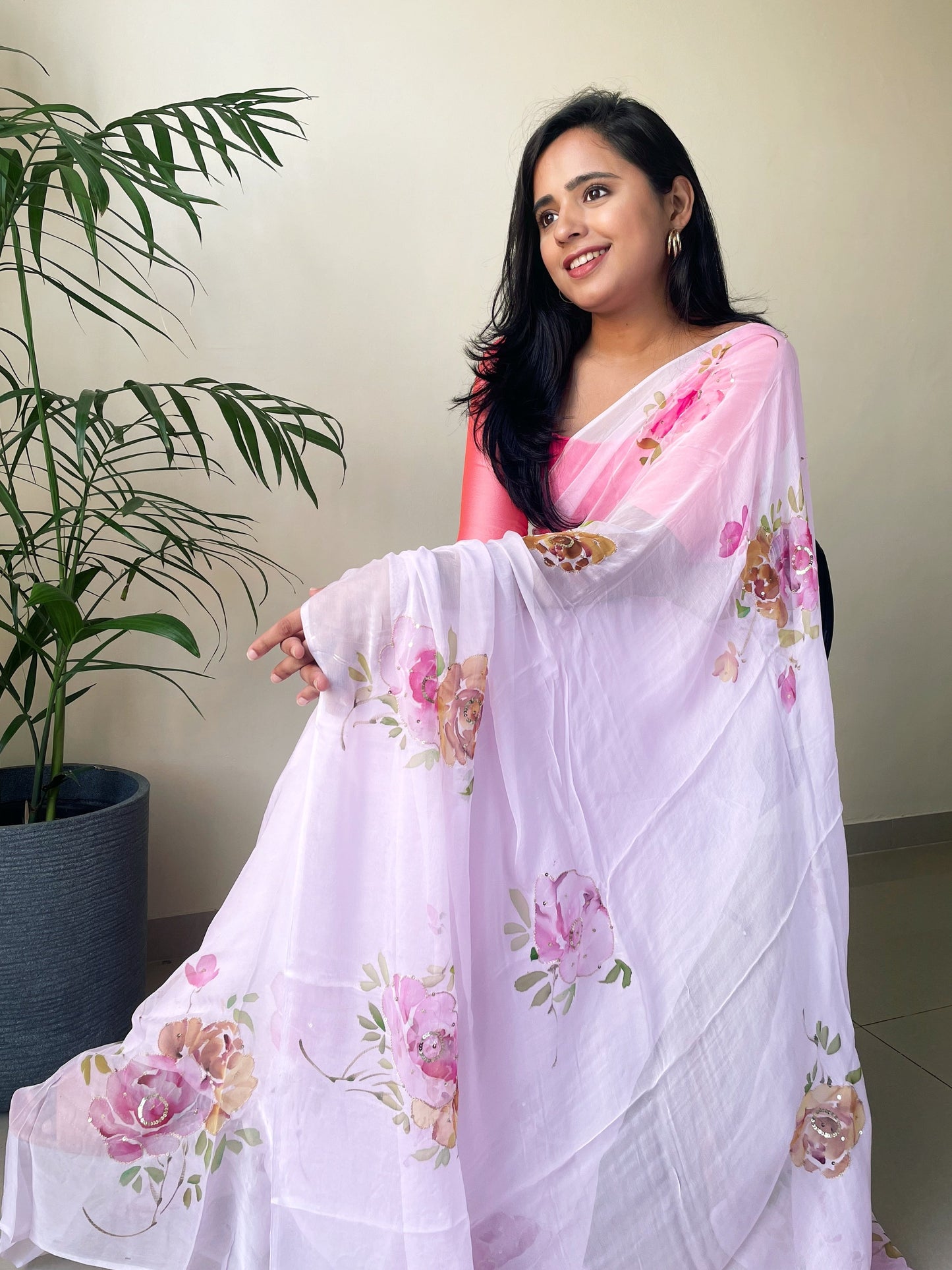 Rose Handpainted Chiffon Saree