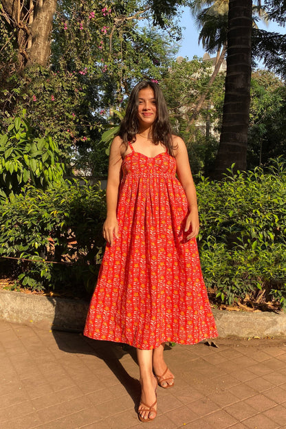 Crimson Red Floral Hand-Printed Cotton Maxi Dress with Pocket