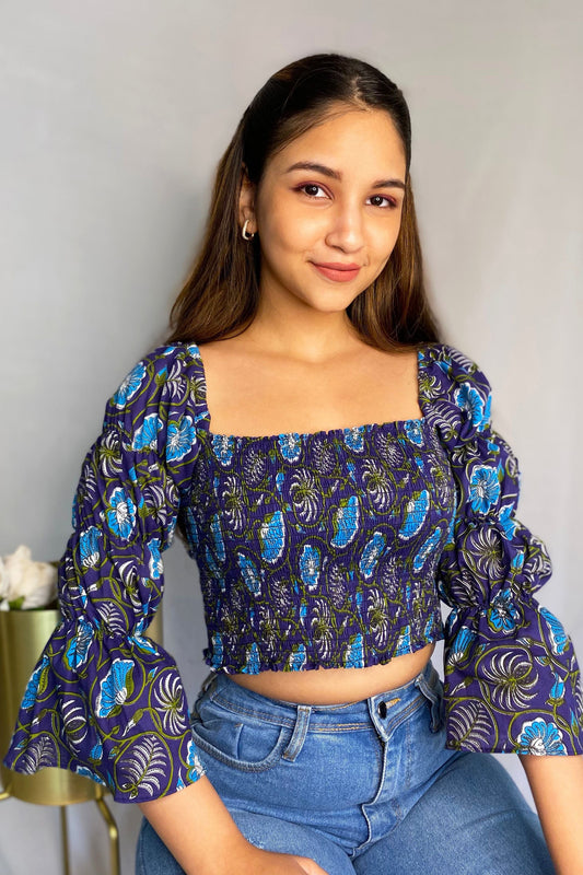 Blue Floral Print Smocked Top Crafted from Cotton