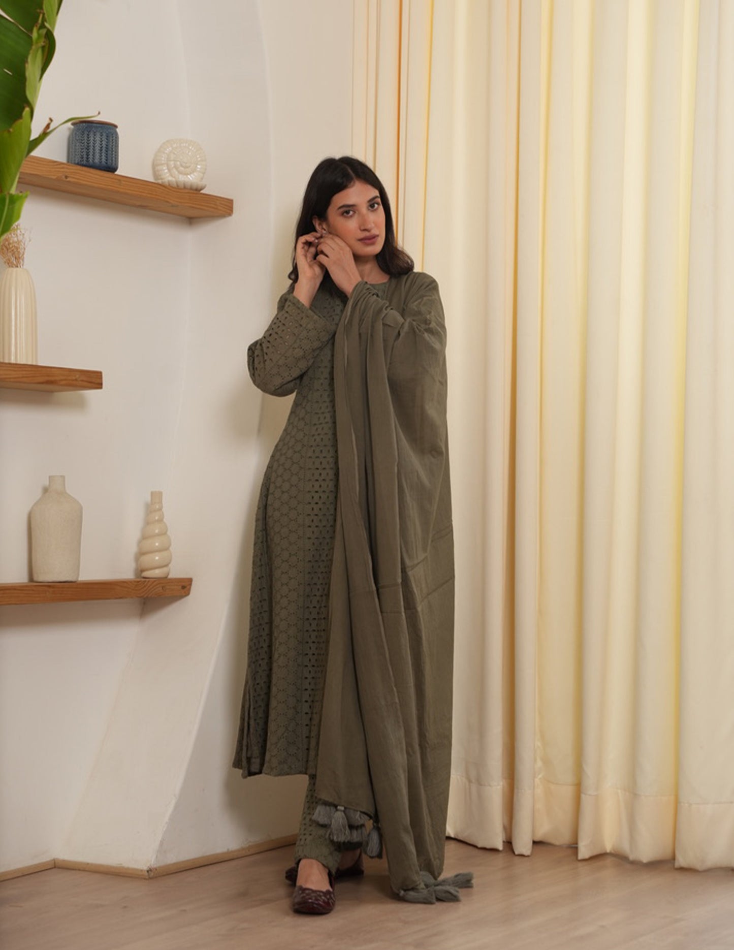 Sage Olive Schiffli Straight Suit Set