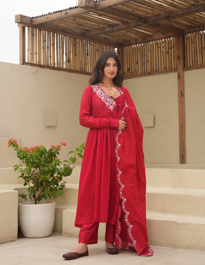 Hand Dyed Red Chanderi Aari Embroidered Anarkali Set