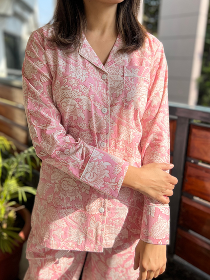 Printed Cotton Lapel Collar Lounge Set