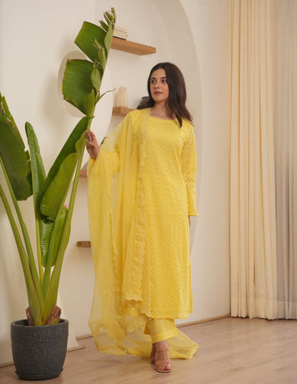 Josie Yellow Schiffli Straight Suit Set