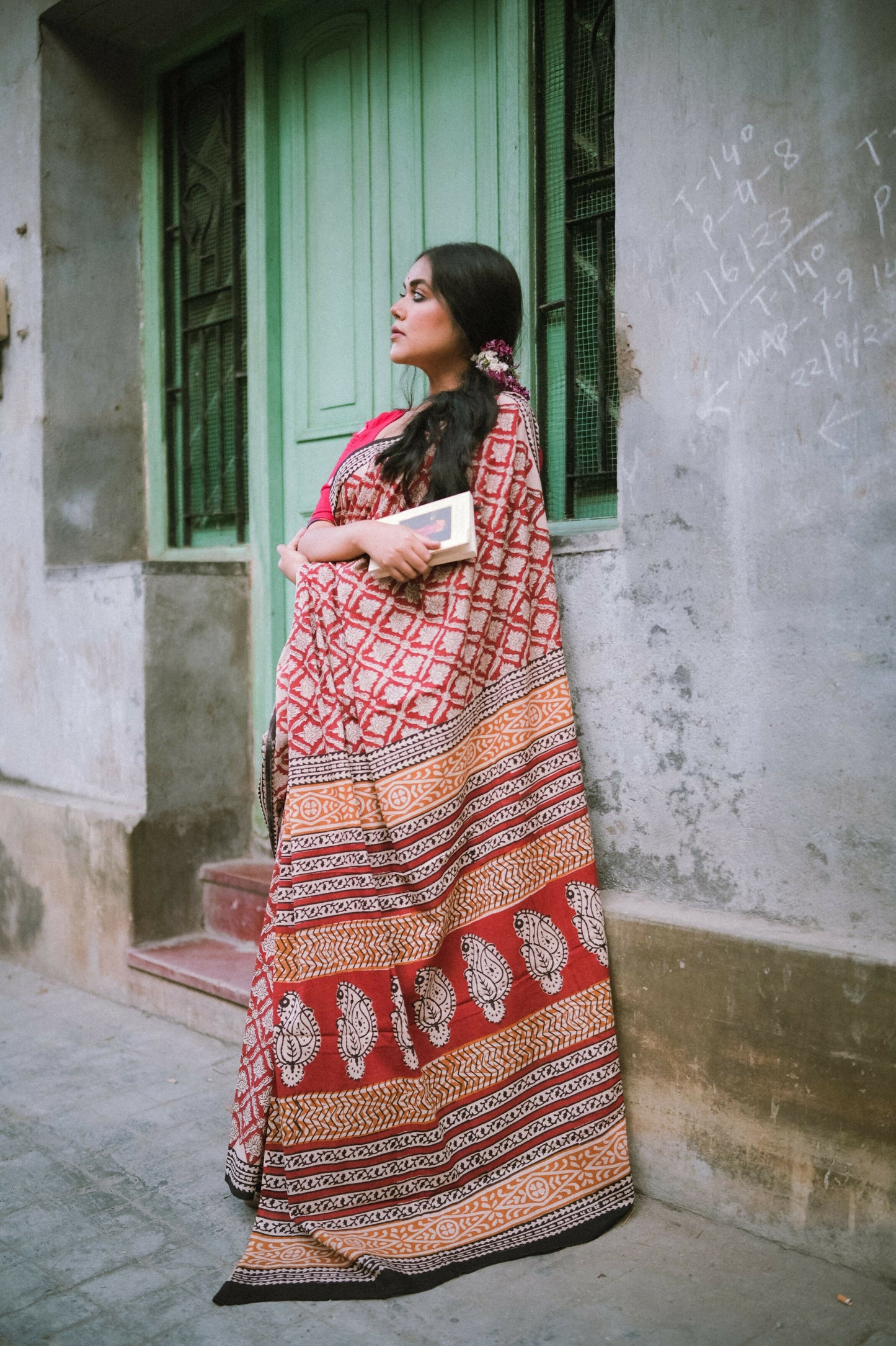 Brick Red Bagru Saree Handblock Print Natural Dyed Mulmul Cotton Saree