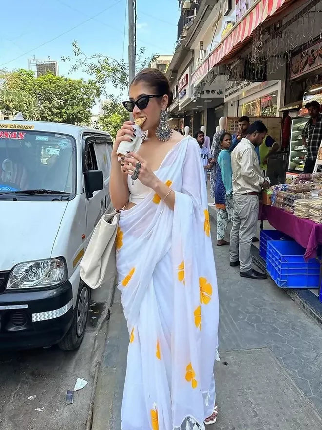 Hibiscus Hand-Painted Saree