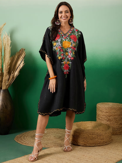 Jade Black Kashmiri Embroidered Summer Kaftan - Short