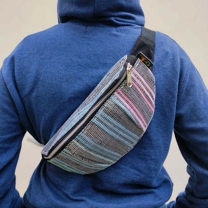 Upcycled Plastic: Fanny Pack Black and Blue with Pink Lines