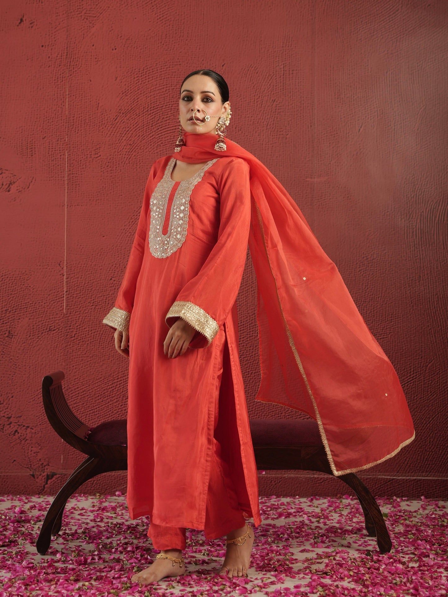 Chaand Hand-dyed Red Silk Zariwork Suit Set