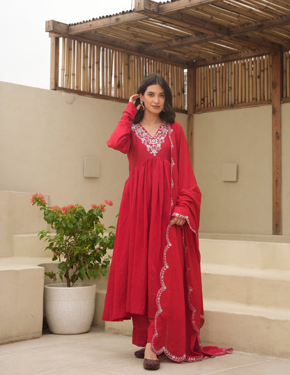 Hand Dyed Red Chanderi Aari Embroidered Anarkali Set