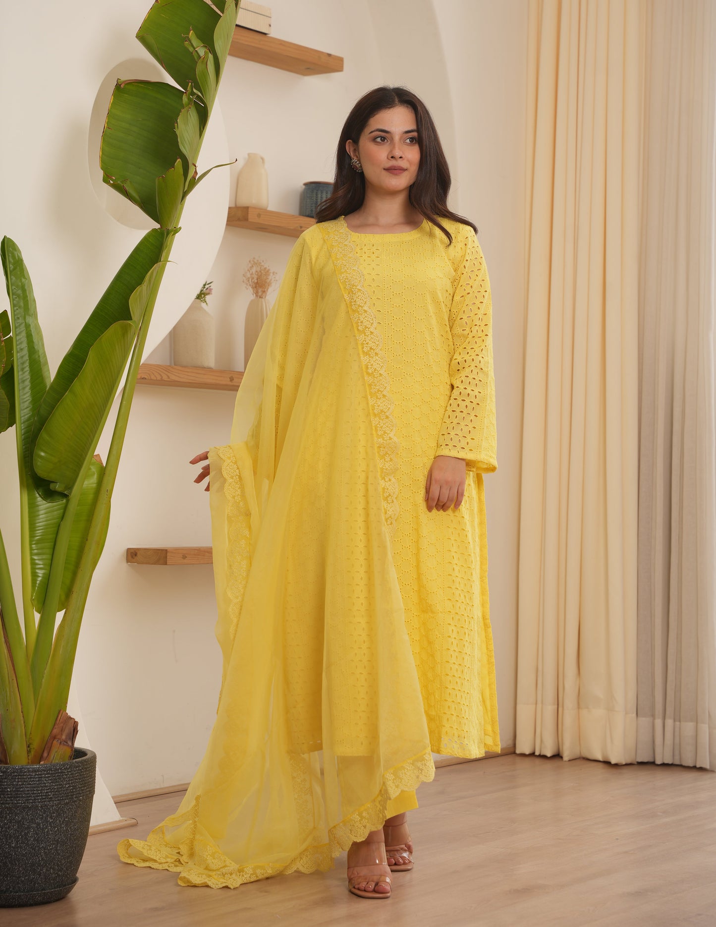 Josie Yellow Schiffli Straight Suit Set