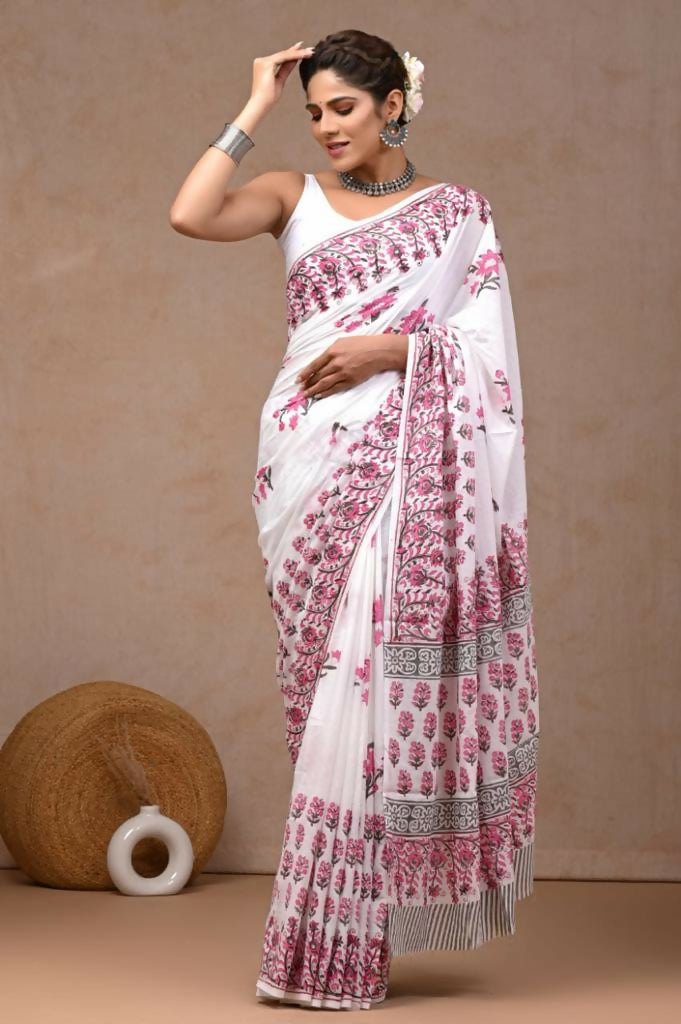 Blooming Blush Mul Hand Block Printed Ready-to-wear Pocket Saree