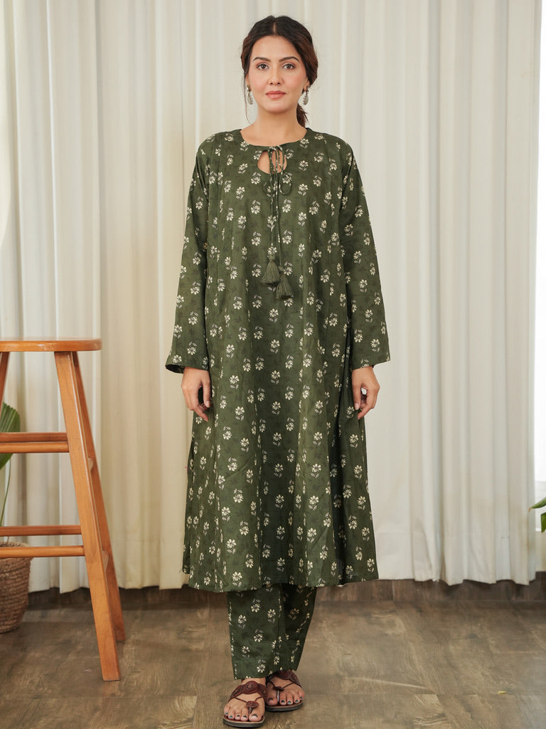 Disha Green Block Print Kurta Set