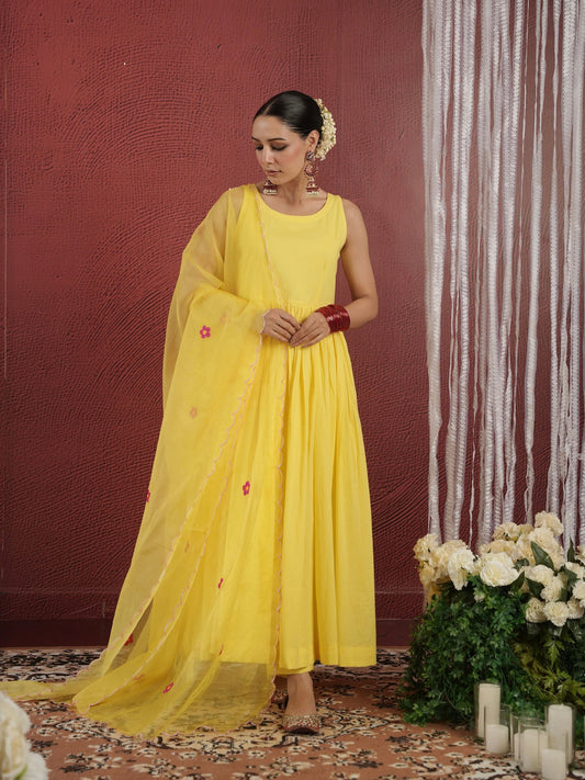 Chaand Hand Dyed Yellow Cotton Anarkali Set with Aari Embroidered Dupatta