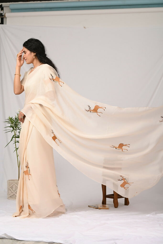 Beige Organza Reindeer Saree