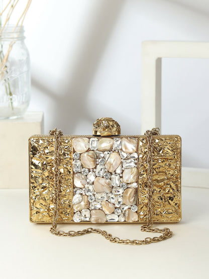 Opaline Mother of Pearl Embellished Golden Clutch