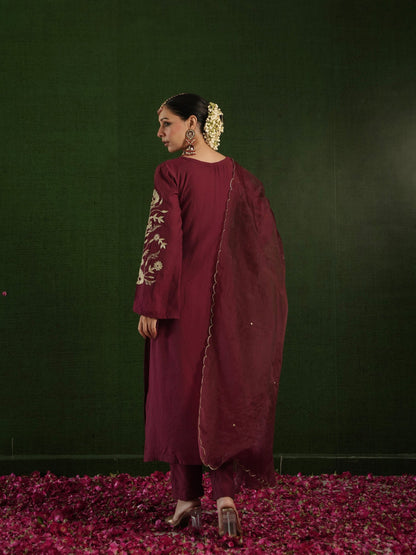 Chaand Maroon Chanderi Heavy Embroidered Suit Set