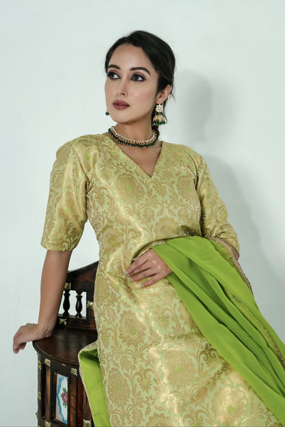 Meera Banarasi Silk Brocade Gharara Set - Green