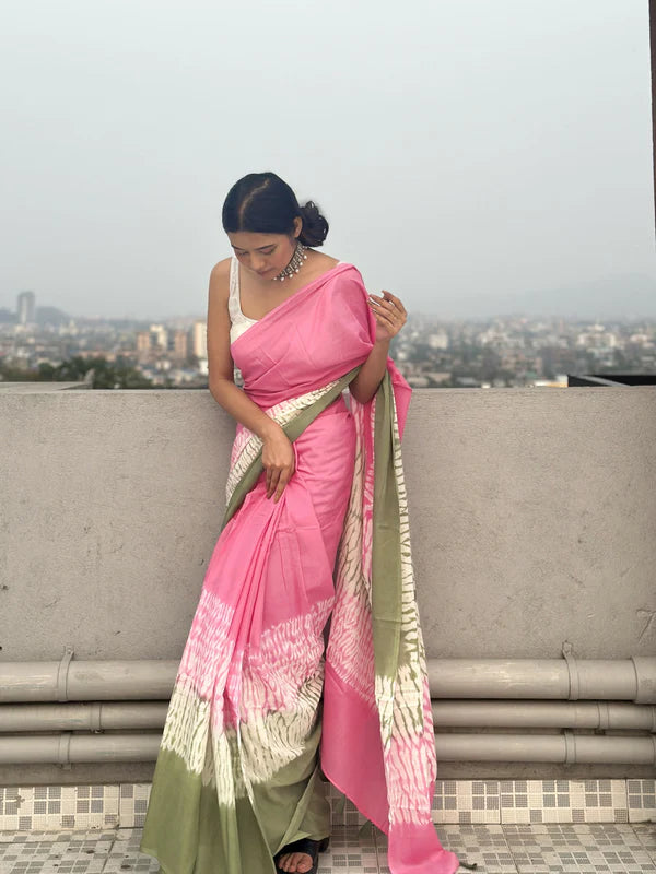 Gulmohar Tie & Dye Shibori Print Mulmul Cotton Saree