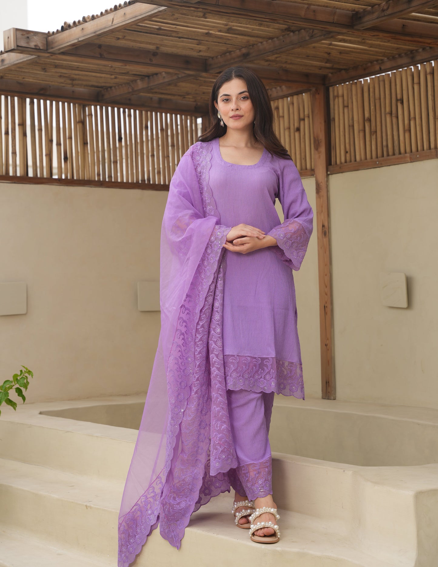 Lillian Purple Cotton Crush Straight Suit Set