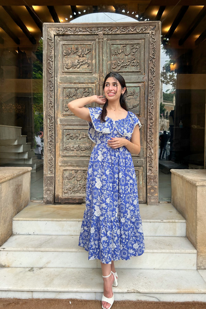 Blue and White Hand Printed Maxi Dress with Pocket