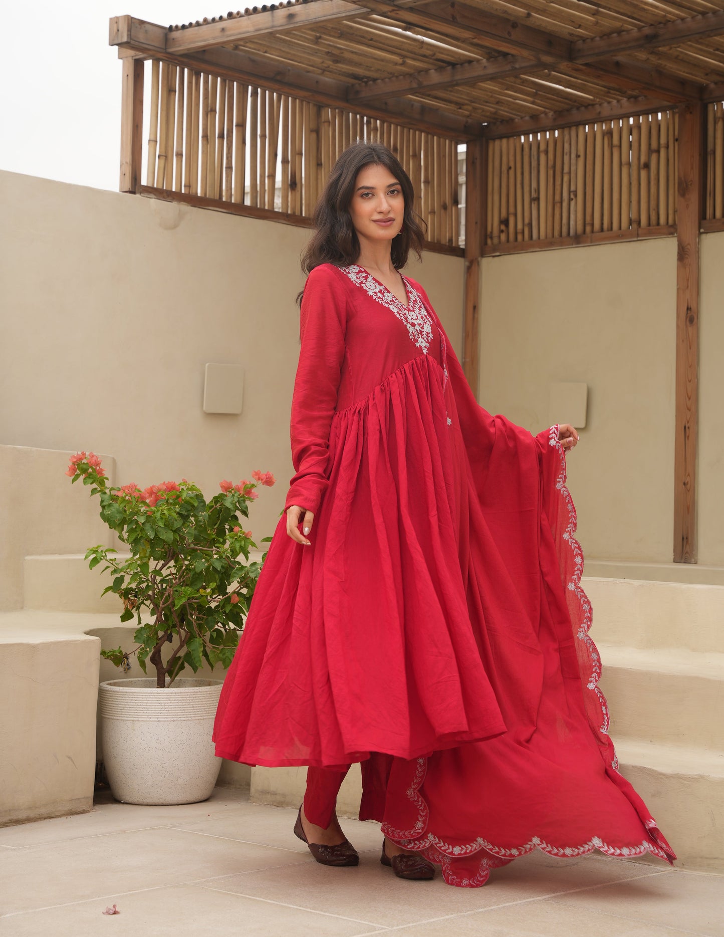 Hand Dyed Red Chanderi Aari Embroidered Anarkali Set