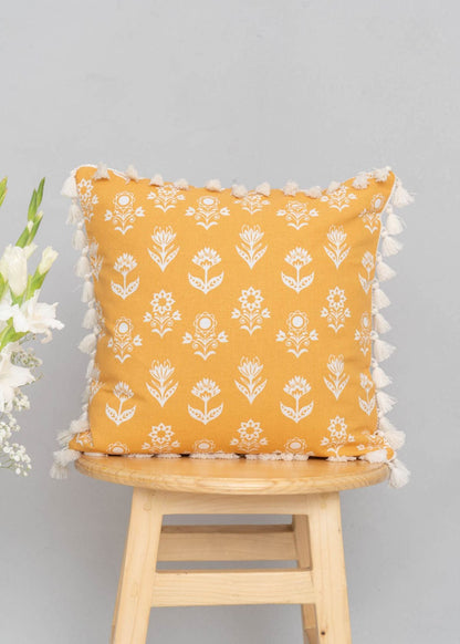 Dahlia Printed 100% Cotton Floral Cushion Cover For Sofa With Tassels - Mustard