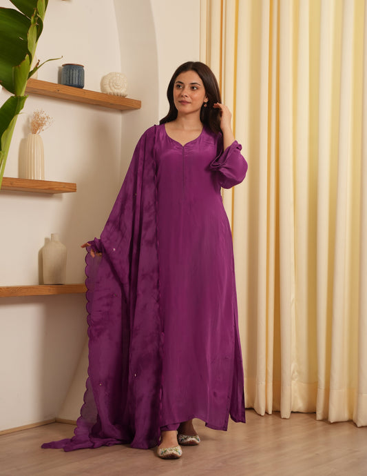 Purple Silk Shibori Mirror Work Staright Suit Set