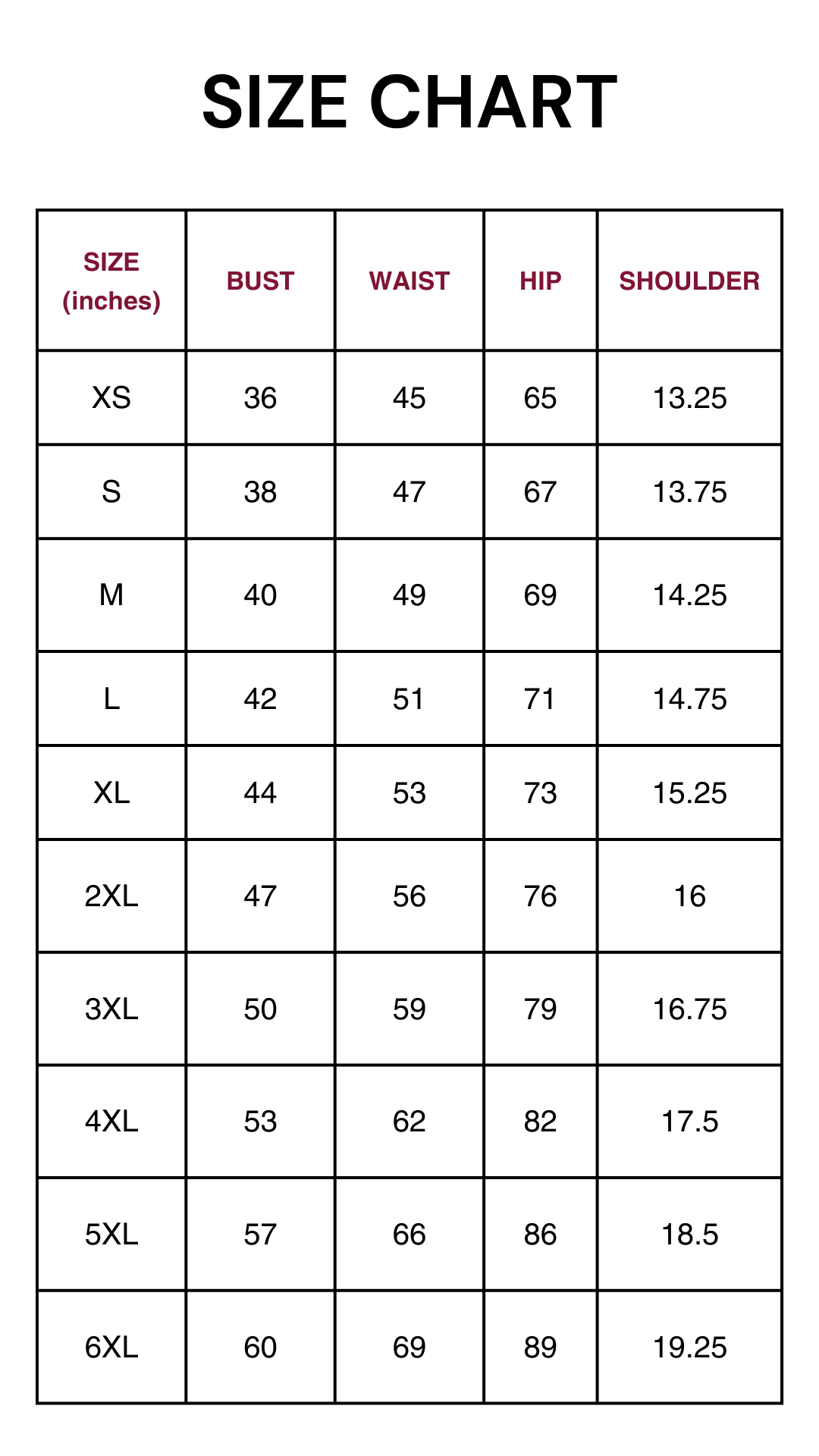 the Size chart