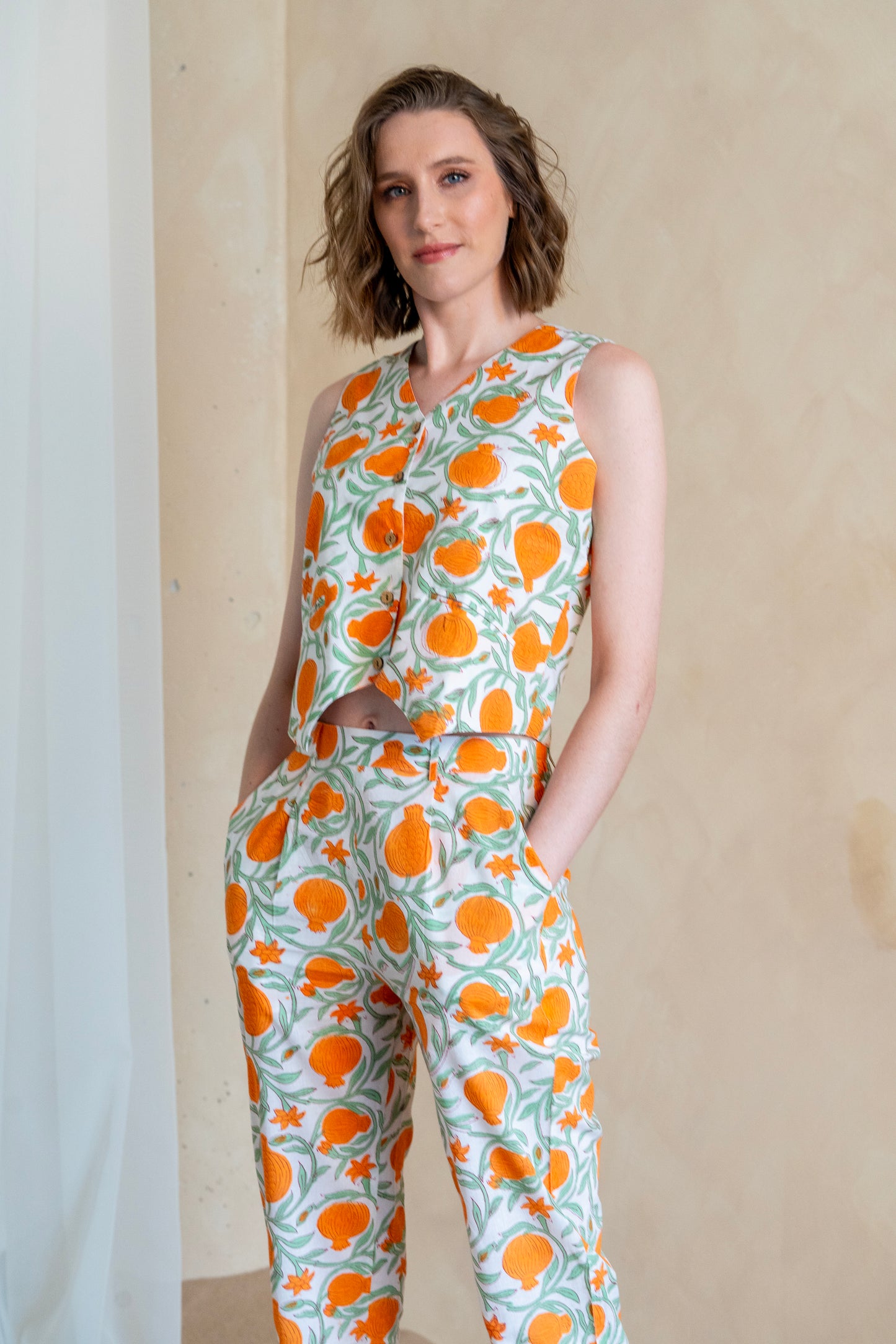 Orange Green Print Waistcoat - Pants Set