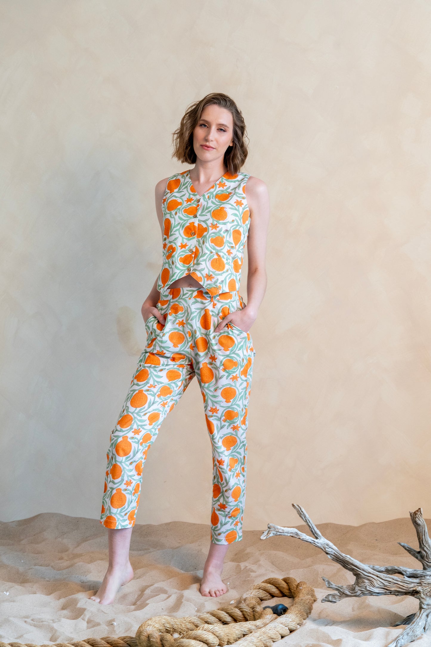 Orange Green Print Waistcoat - Pants Set