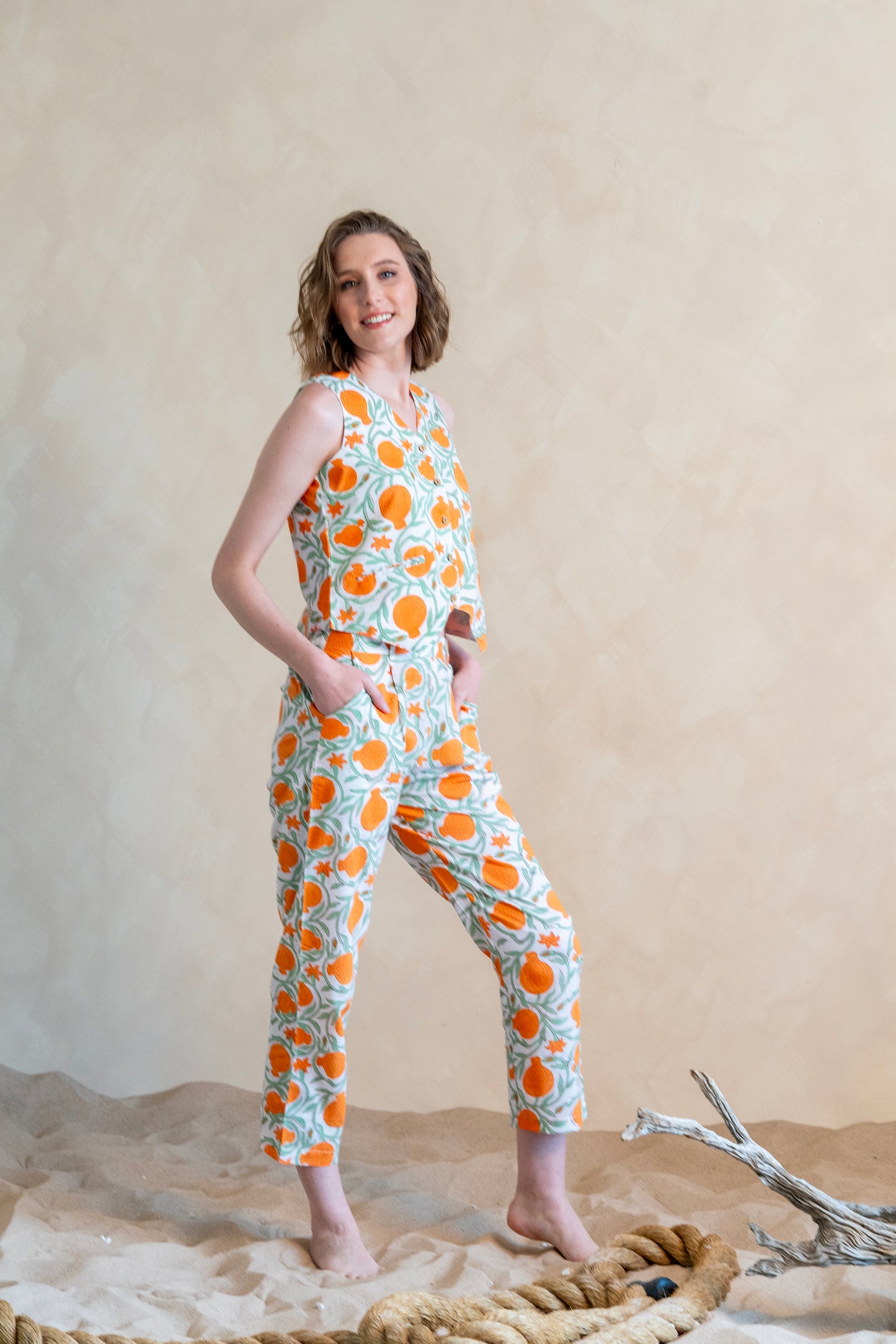 Orange Green Print Waistcoat - Pants Set