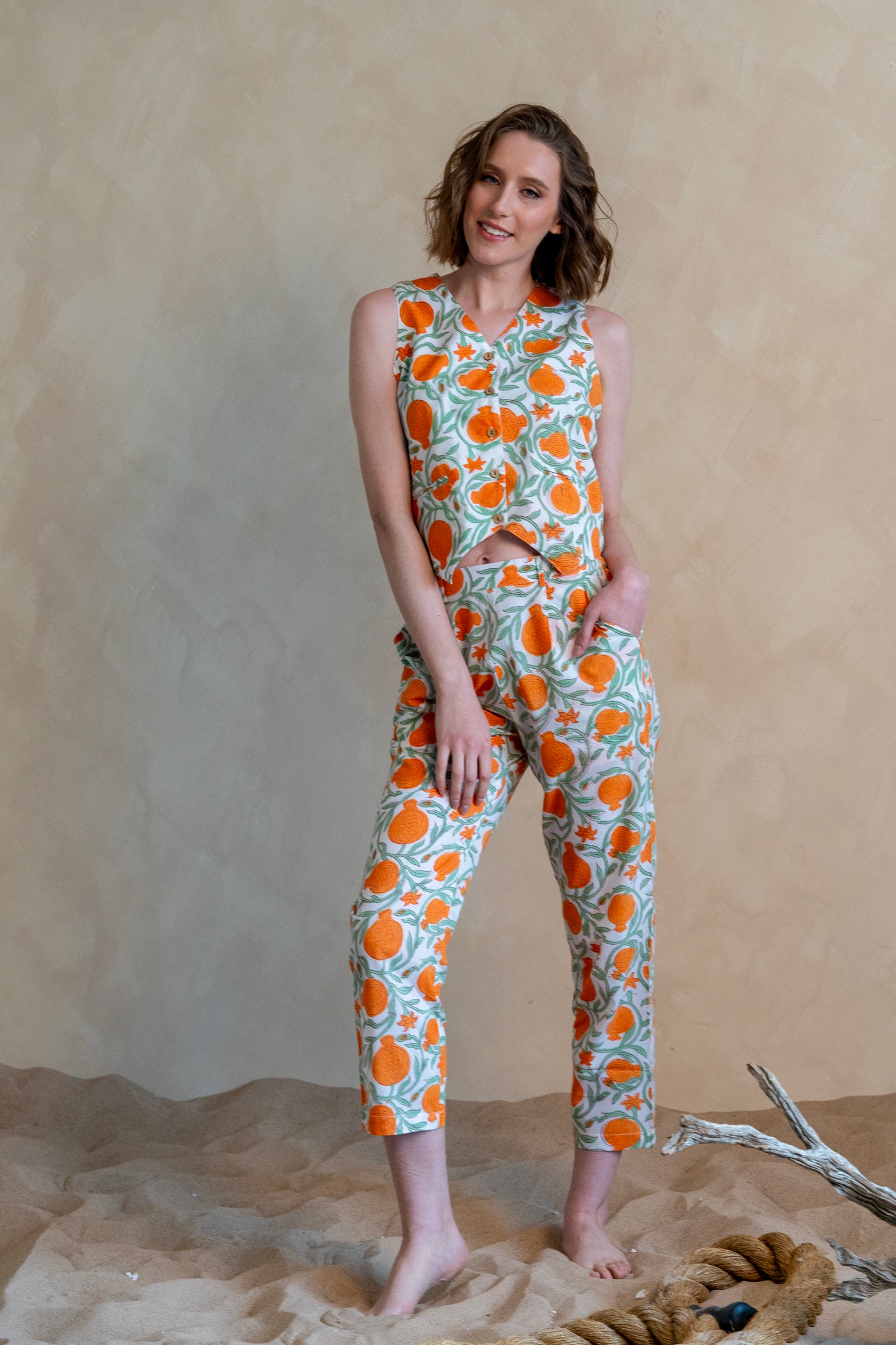 Orange Green Print Waistcoat - Pants Set