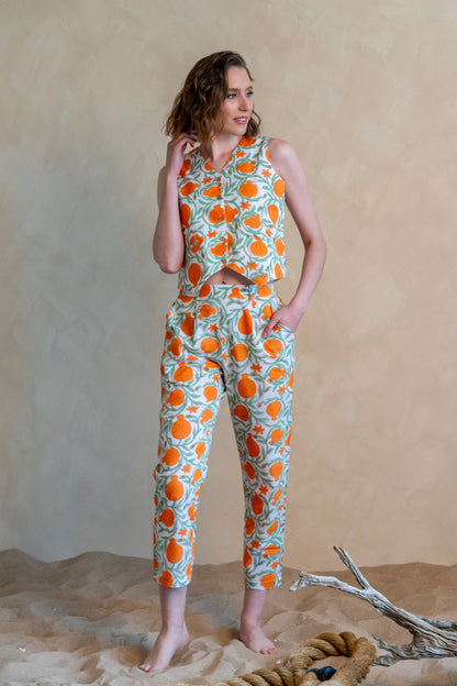 Orange Green Print Waistcoat - Pants Set