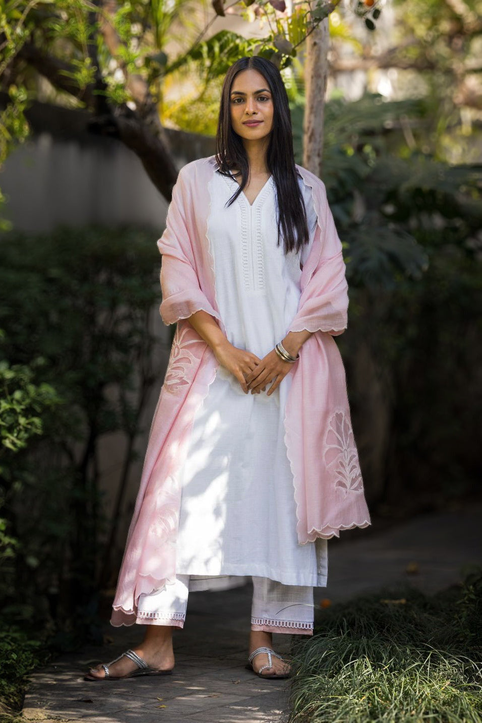 White Cotton Linen Set with a Cutwork Dupatta