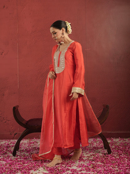 Chaand Hand-dyed Red Silk Zariwork Suit Set