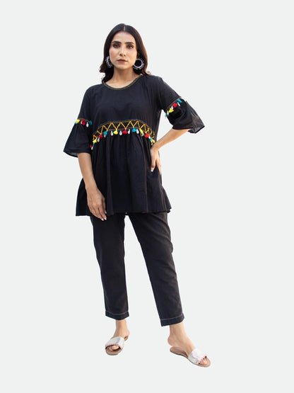 Nyah Black Cotton Coord Set with Katha Embroidery