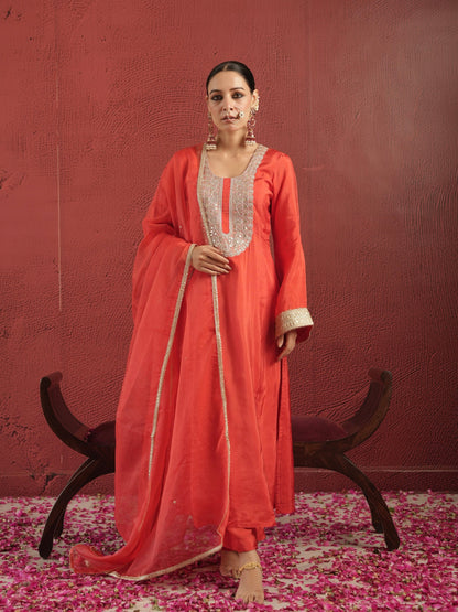 Chaand Hand-dyed Red Silk Zariwork Suit Set