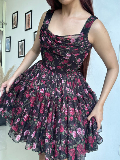 Floral Black Mini Sleeveless Dress