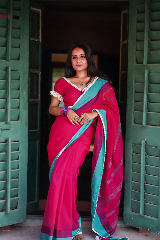 Strawberry Blast Pink Cotton Handloom Saree