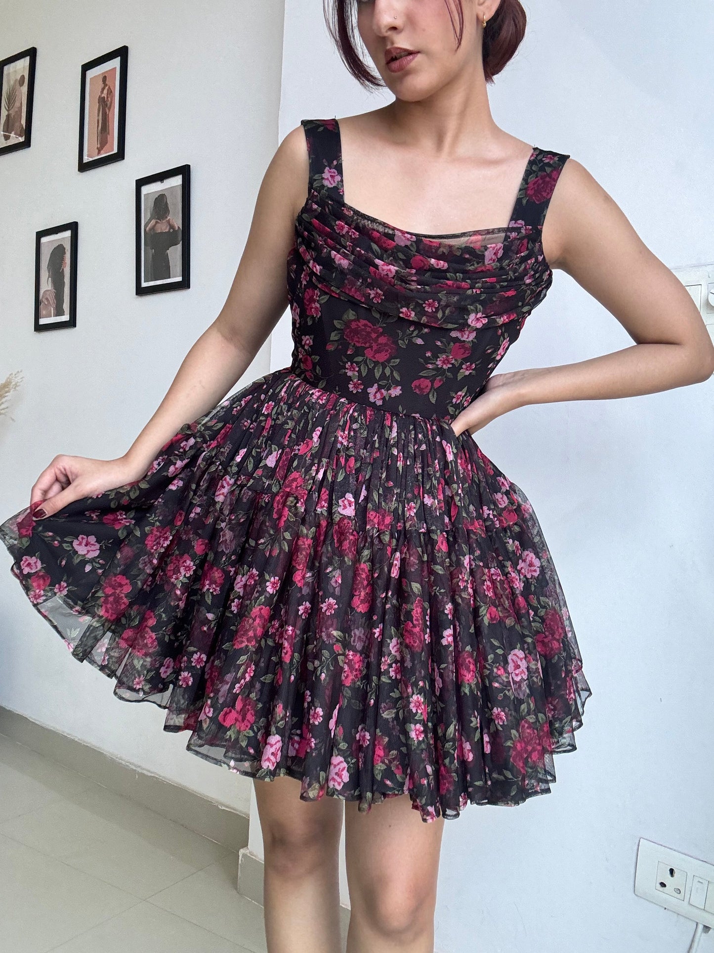 Floral Black Mini Sleeveless Dress